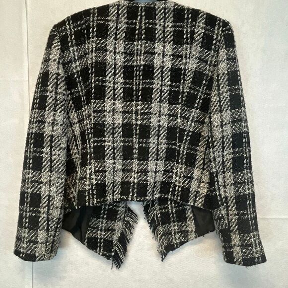 TAHARI Blazer Women’s Size 14 Black White Plaid Tweed Open Front Fringe Cropped - Picture 9 of 10